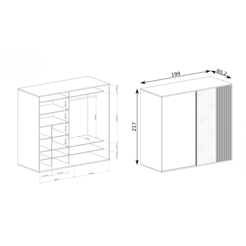 Posuvná skříň CAYA se zrcadlem a lamelami - šířka 199 cm
