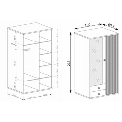Šatní skříň se zrcadlem a zásuvkami CAYA 100 cm - dub Artisan, loftový styl