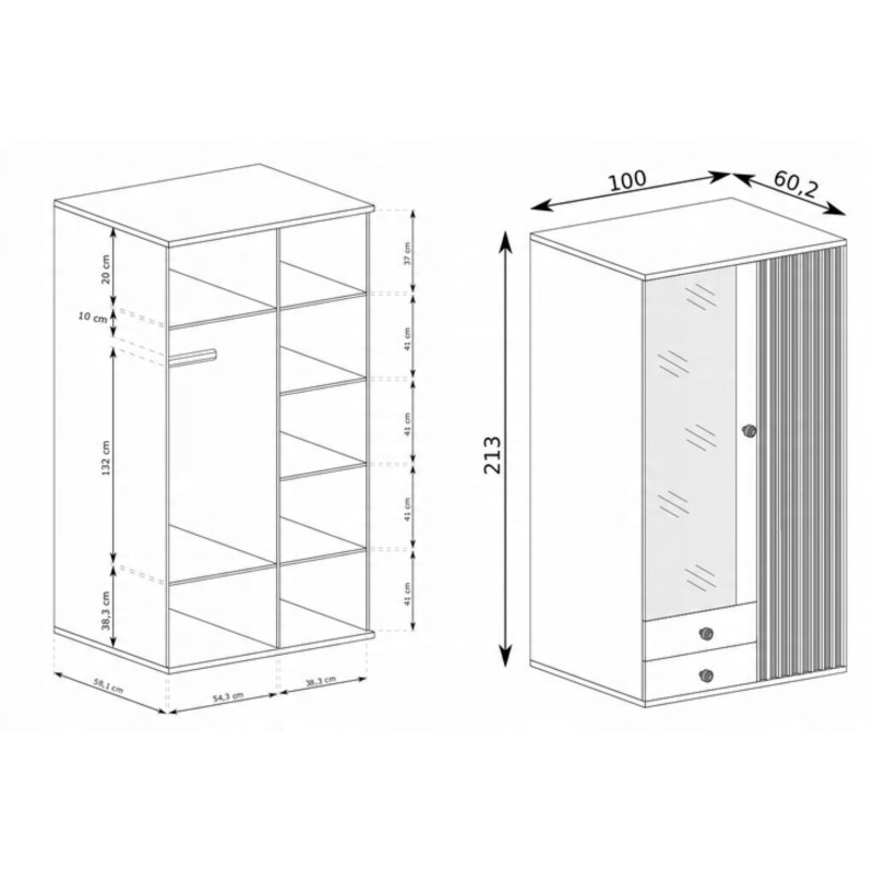 Šatní skříň se zrcadlem a zásuvkami CAYA 100 cm - dub Artisan, loftový styl