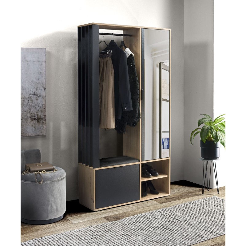 Šatní skříň se zrcadlem LIMO 100 cm - se sedákem nebo bez, v loftovém stylu