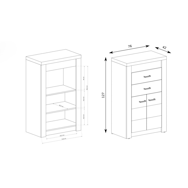 Vysoká komoda POLIS - komoda se 2 zásuvkami a skříňkou
