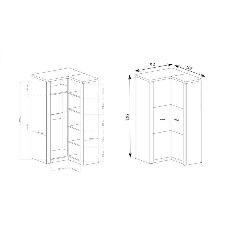 Rohová skříň POLIS - moderní rohová skříň s tyčí a policemi