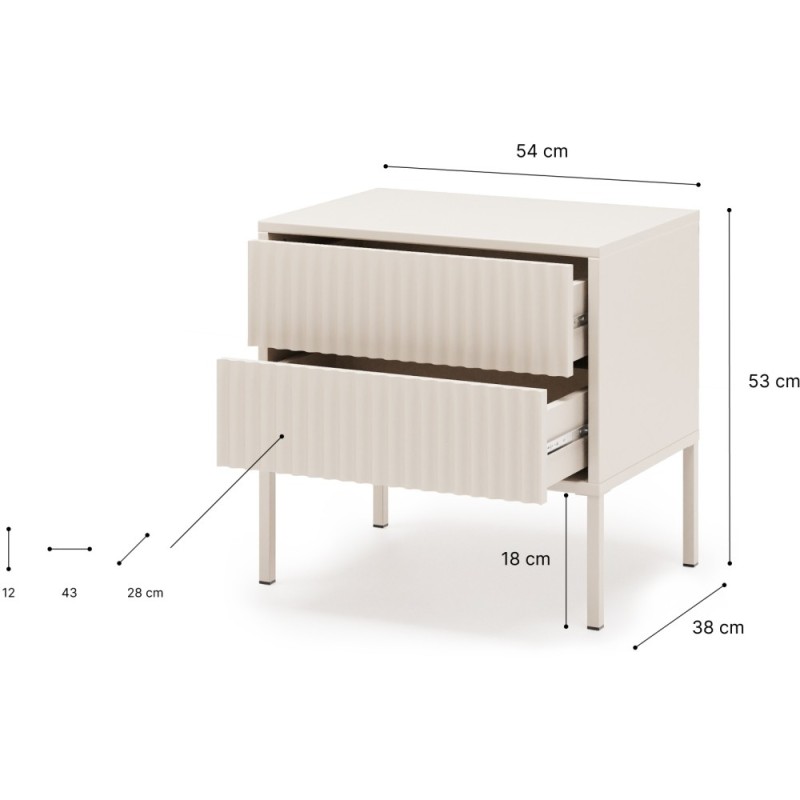 Noční stolek NOTO se 2 zásuvkami a drážkovanými čely | Kašmír