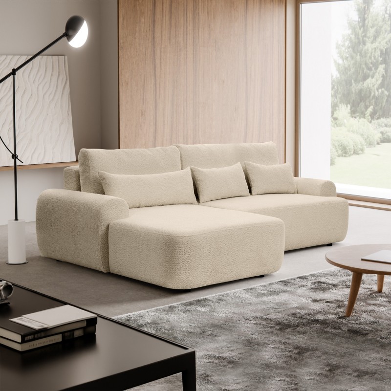 Rohová pohovka OLIVER s funkcí spaní a úložným boxem - Bouclé