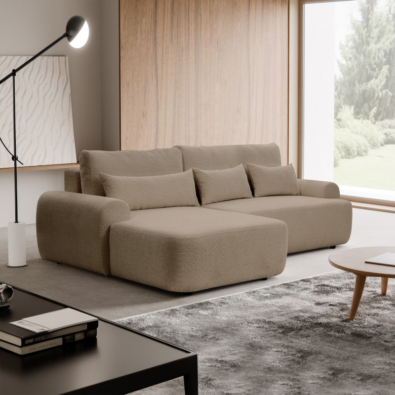 Rohová pohovka OLIVER s funkcí spaní a úložným boxem - Bouclé