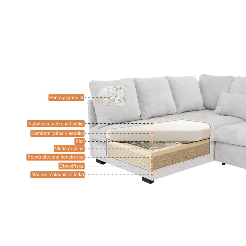 Rohová sedací souprava RAMO s funkcí spaní a bezplatným topperem - velká plocha 160×200 cm