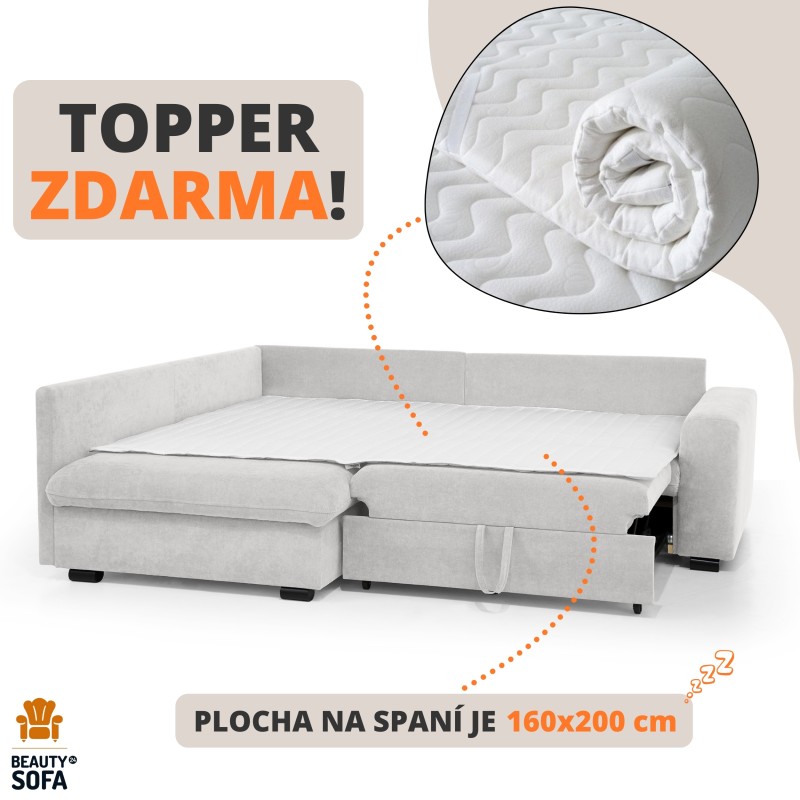 Rohová sedací souprava RAMO s funkcí spaní a bezplatným topperem - velká plocha 160×200 cm