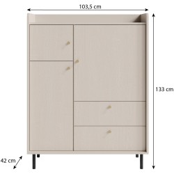 Komoda GLORIA - moderní se 2 zásuvkami a 3 dvířky, zlaté úchyty