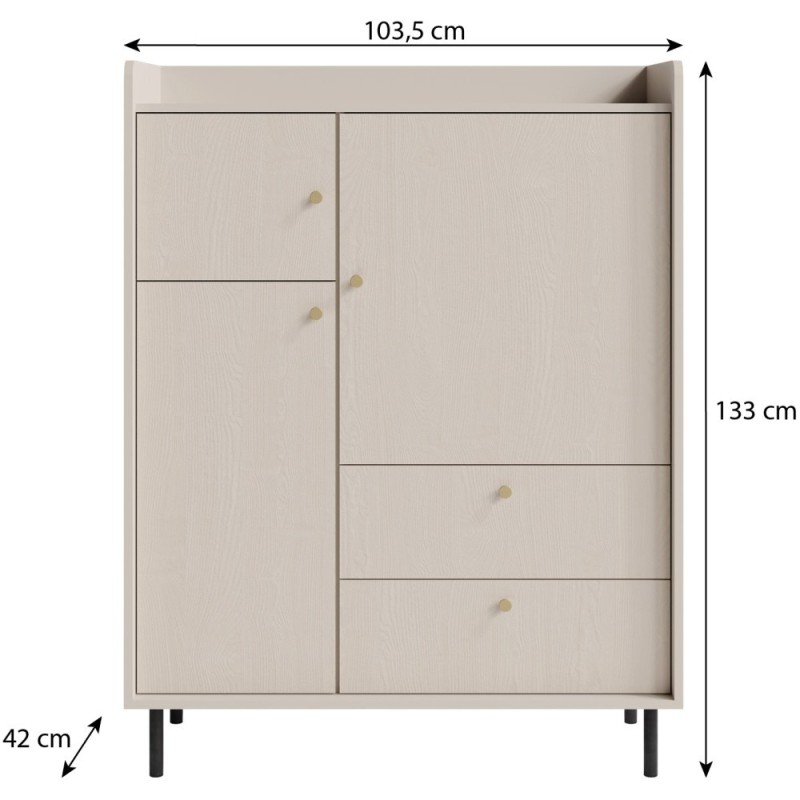 Komoda GLORIA - moderní se 2 zásuvkami a 3 dvířky, zlaté úchyty